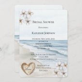 海ビーチホワイトフローラサンドハートブライダルシャワー 招待状 (正面/裏面)