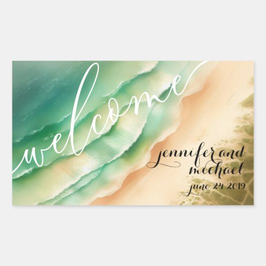 海ビーチ水彩夏の日 長方形シール (正面)