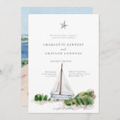 海ビーチ水彩沿岸結婚式招待状 招待状 (正面/裏面)