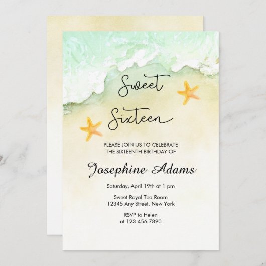 海ビーチ熱帯水色Sweet sixteen 招待状 (正面/裏面)