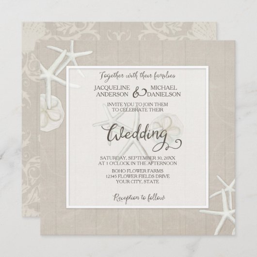 海ビーチ結婚式スターフィッシュダマスク木素朴 招待状 (正面/裏面)