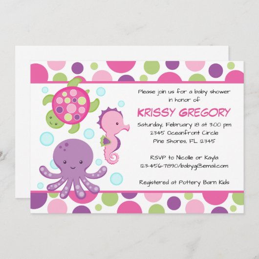 海ピンクのベビーシャワー招待状 招待状 (正面/裏面)