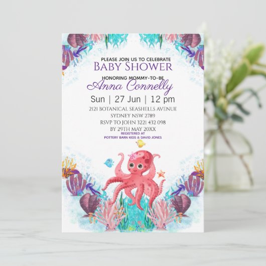 海ピンクカラフルタコ赤ちゃんシャワー 招待状 (スタンド正面)