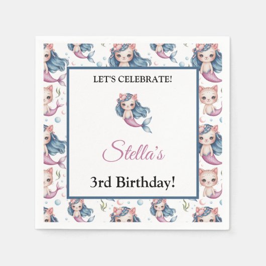海ファンタジーマーメイドキャットキッズパーティー スタンダードカクテルナプキン (正面)