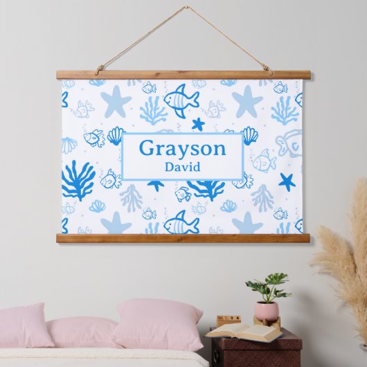 海フィッシュ名前をカスタムする子供部屋ボーイズルームアート 吊り下げ型タペストリー (寝室)