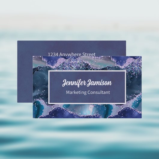 海フェイクグリッターパープルブルーラベンダーエレガント 名刺