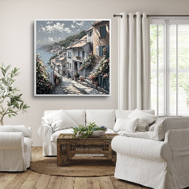 海フランスののポスターによる村の夏の風景 ポスター