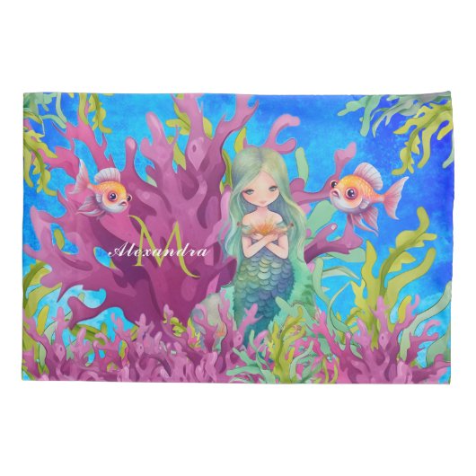 海ブルーかわいいモノグラムの名前マーメイド 枕カバー (裏面)