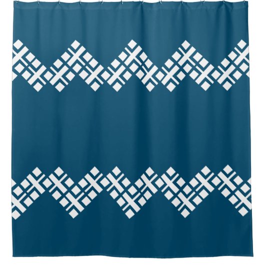 海ブルーとホワイトモノジグザグザグ シャワーカーテン (正面)