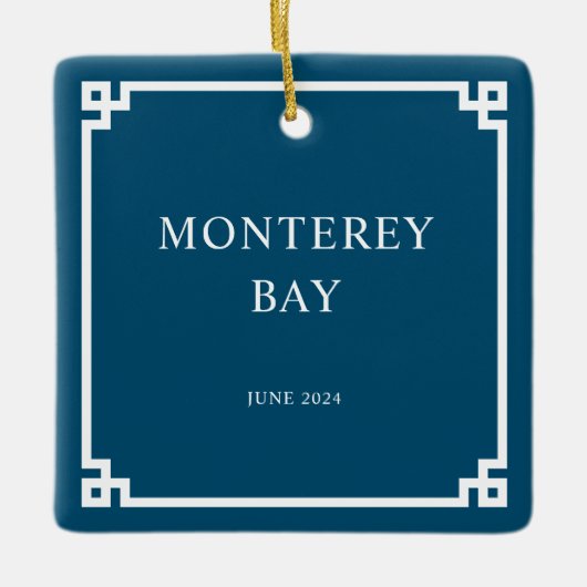 海ブルーと白ギリシャ鍵縁ど家族写真 セラミックオーナメント (正面)