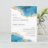 海ブルーと金ゴールド抽象芸術結婚式招待状 招待状 (スタンド正面)
