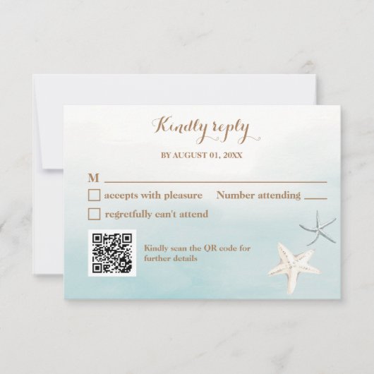 海ブルーとQRコード結婚の小さなRSVP ノートカード (正面)