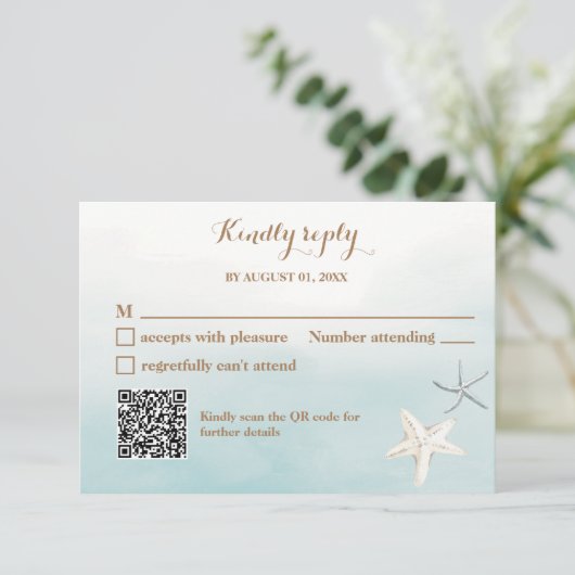 海ブルーとQRコード結婚の小さなRSVP ノートカード (スタンド正面)