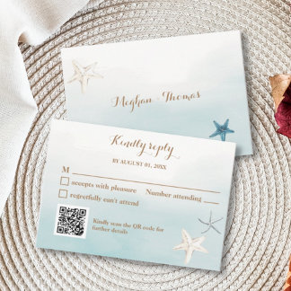 海ブルーとQRコード結婚の小さなRSVP ノートカード