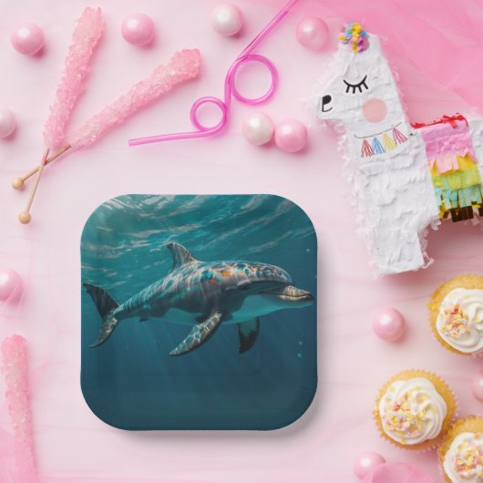 海ブルーアンダーウォータードルフィンポートレート ペーパープレート (パーティー)