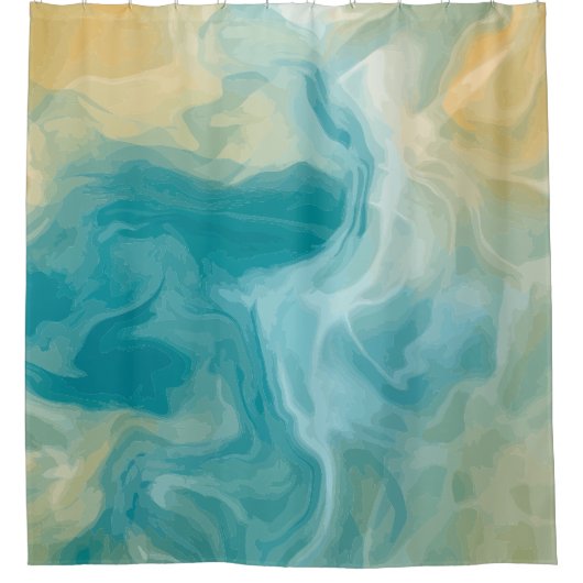 海ブルーウェーブとサンディ・ブラウン流体アート シャワーカーテン (正面)