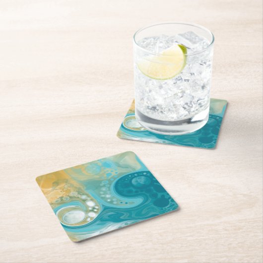 海ブルーウェーブとサンディ・ブラウン流体アート スクエアペーパーコースター (インサイチュ)