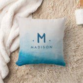 海ブルーウォーターカラーファミリーネームモノグラムスロー クッション (ブランケット)