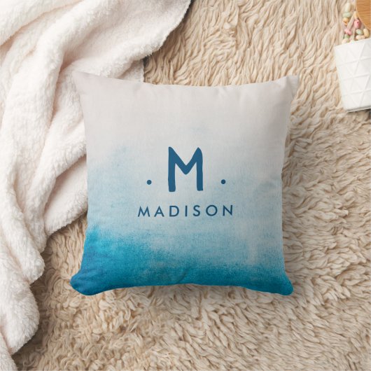 海ブルーウォーターカラーファミリーネームモノグラムスロー クッション (ブランケット)