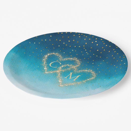 海ブルーウォーター波(モノグラム結婚) ペーパープレート (アングル)