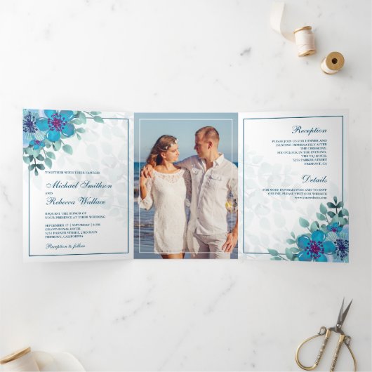 海ブルーウォーター色フローラ写真結婚の 三つ折り招待状 (内部)