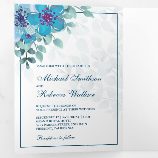 海ブルーウォーター色フローラ写真結婚の 三つ折り招待状 (内部最初)