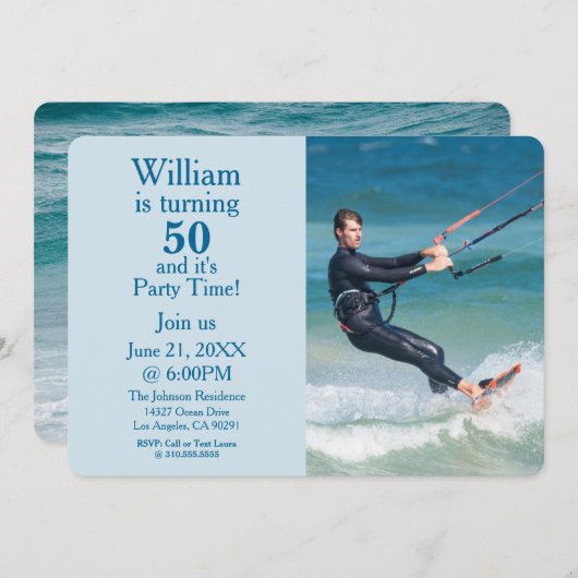 海ブルーカスタム「ターニング50」フォト誕生日 招待状 (正面/裏面)