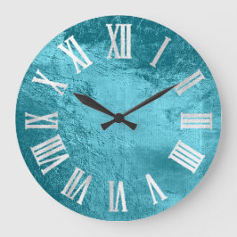 海ブルーグレー銀皮革金属ガラス ラージ壁時計