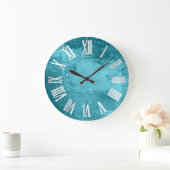 海ブルーグレー銀皮革金属ガラス ラージ壁時計 (ホーム)