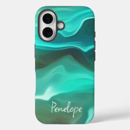 海ブルーシーウェーブズ抽象芸術お名前 iPhone 16ケース