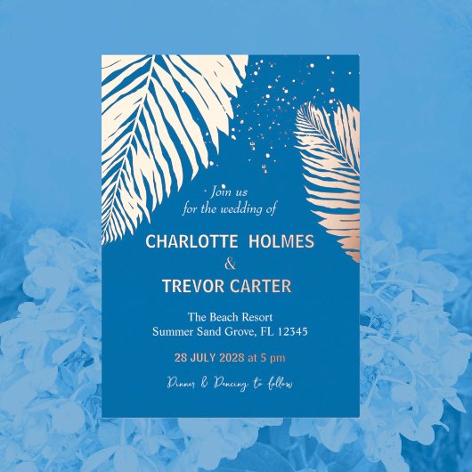 海ブルートロピカルパームズビーチ結婚式金ゴールド 箔招待状
