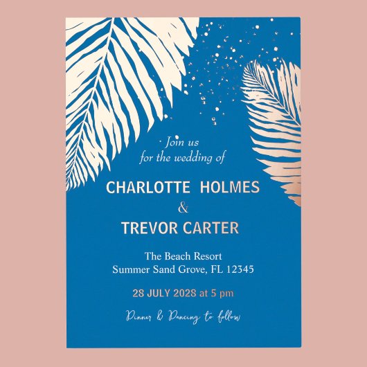 海ブルートロピカルパームズビーチ結婚式金ゴールド 箔招待状