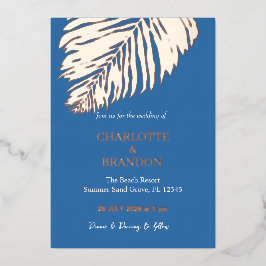 海ブルートロピカルパーム結婚リーフ金ゴールド 箔招待状