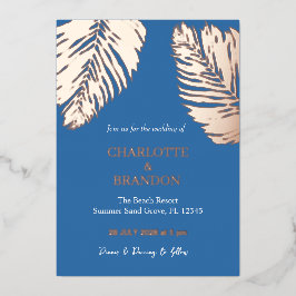 海ブルートロピカルパーム結婚リーフ金ゴールド 箔招待状
