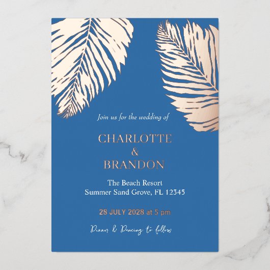 海ブルートロピカルパーム結婚リーフ金ゴールド 箔招待状 (正面)