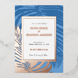 海ブルートロピカルパーム結婚リーフ 箔招待状