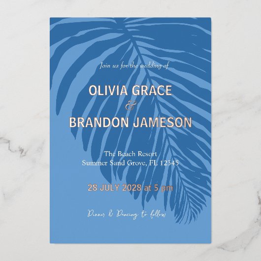 海ブルートロピカルパーム結婚リーフ 箔招待状 (正面)