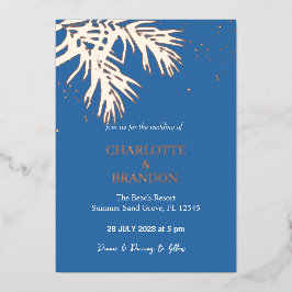 海ブルートロピカルパ葉ーム結婚金ゴールド 箔招待状