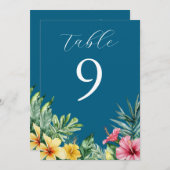 海ブルートロピカルフラワーグリーンテーブル番号 招待状 (正面/裏面)