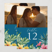 海ブルートロピカルフラワーフォトテーブル番号 招待状 (正面/裏面)