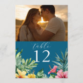 海ブルートロピカルフラワーフォトテーブル番号 招待状 (正面)