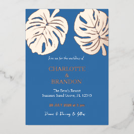海ブルートロピカルモンステラ結婚リーフ 箔招待状