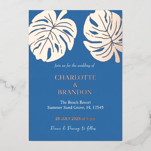 海ブルートロピカルモンステラ結婚リーフ 箔招待状 (正面)
