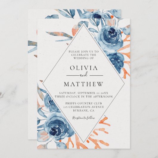 海ブルーバラコーラルデスティネーションウェディング 招待状 (正面/裏面)