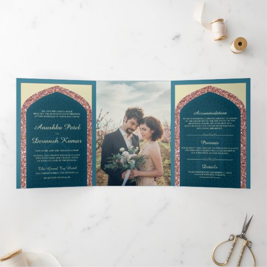 海ブルーバラ金ゴールドグリッター結婚インディアン 三つ折り招待状 (内部)