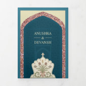 海ブルーバラ金ゴールドグリッター結婚インディアン 三つ折り招待状 (カバー)