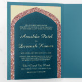 海ブルーバラ金ゴールドグリッター結婚インディアン 三つ折り招待状 (内部最初)