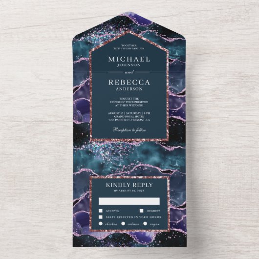 海ブルーパープルグリッターアゲートマーブル結婚ズ オールインワン招待状 (内側)