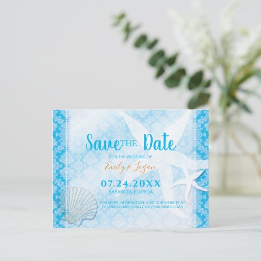 海ブルービーチ結婚式日付の保存 ポストカード (スタンド正面)