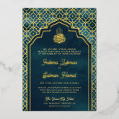 海ブルーモロッコアルチ結婚ムスリム金ゴールド 箔招待状 (正面)